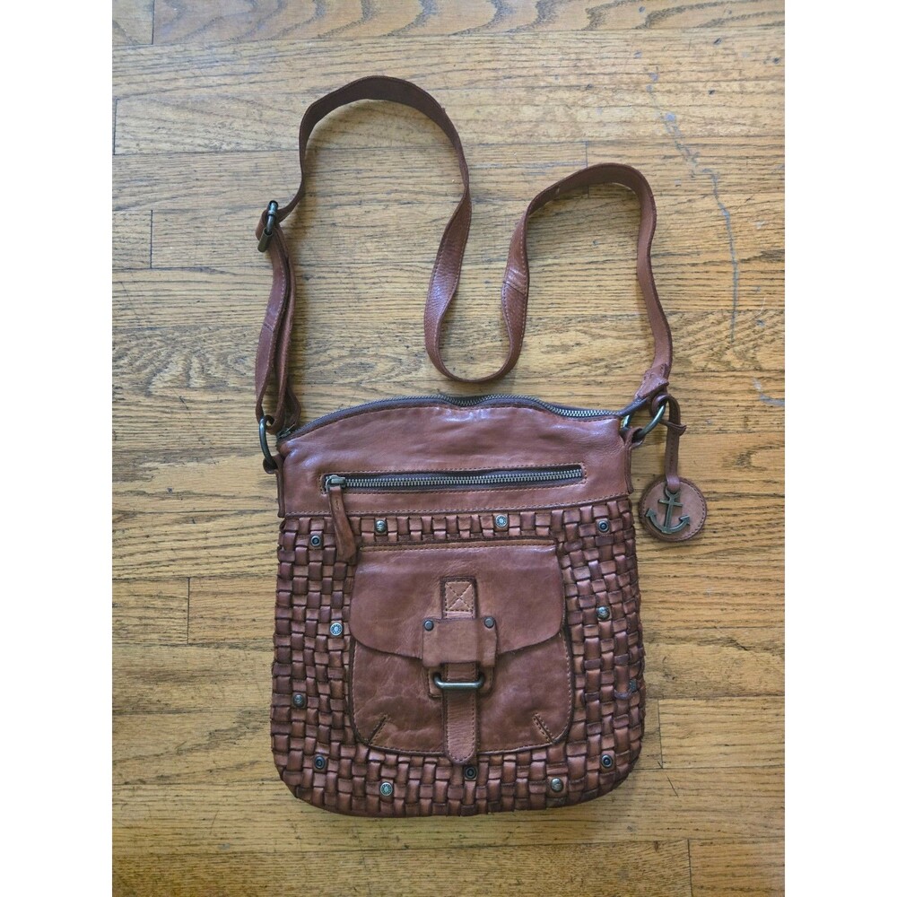 Harbour 2nd Woven Cognac Leather Crossbody Handbag Womens Purse